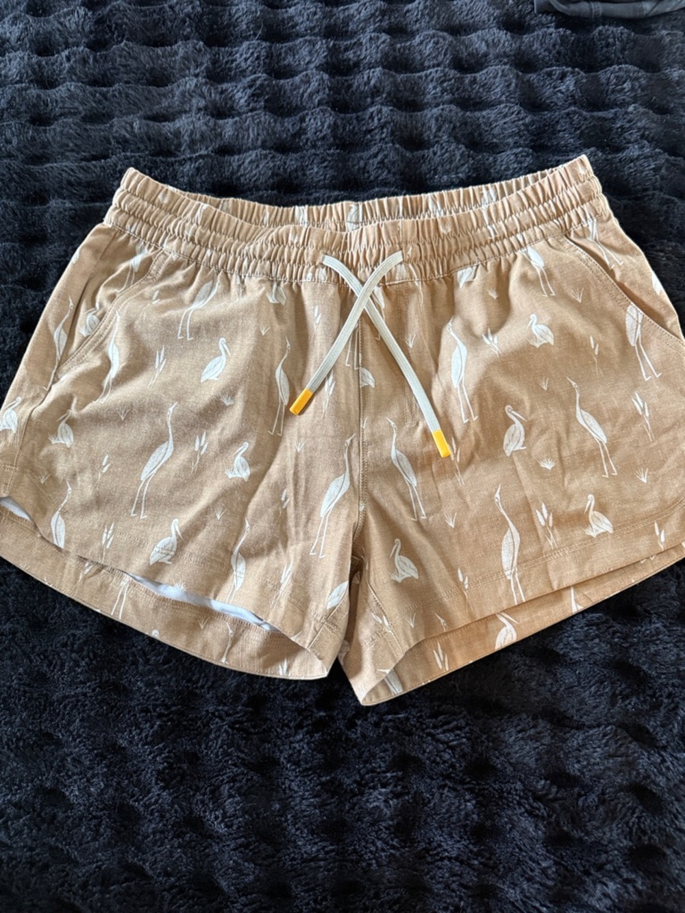 Marsh Tan Drawstring Athletic Shorts with White Heron Print